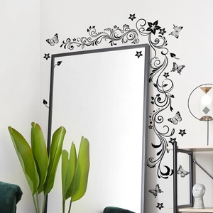 Sticker mural adhésif noir avec fleurs et papillons pour décoration de miroir et coins