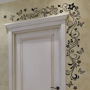 Stickers muraux papillons et fleurs noires élégantes pour décoration de cadre de porte