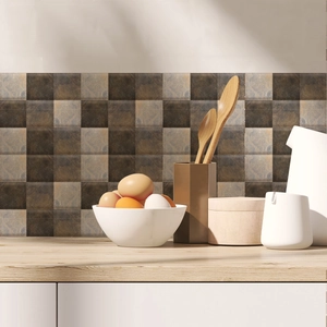 Modern gray and brown stone marble texture checkered tile backsplash stickers for kitchen wall