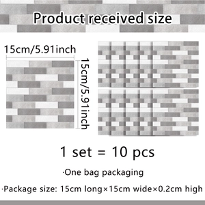 Detailed view of 15x15cm grey brick wall stickers in a 10-piece set for kitchen decor