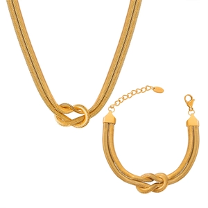 Gold stainless steel snake chain jewelry set with knot pendant necklace and bracelet