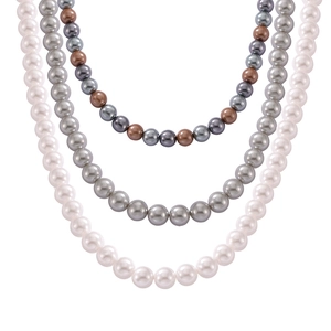 Three-layered set of elegant round shell pearl necklaces in white, grey and mixed tones