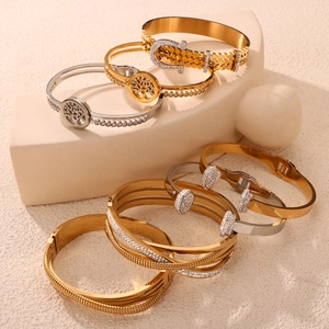 Ensemble de bracelets en acier titane plaqué or et argent avec cristaux et arbre de vie