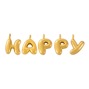 Polished gold bubble letter necklace pendants spelling HAPPY in minimalist 3D design