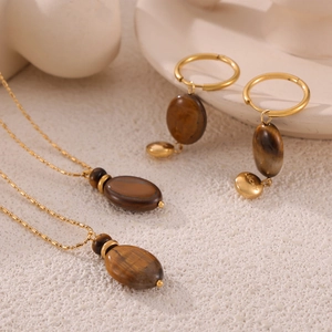 Vintage Titanium Steel Necklace And Earrings Natural Tiger Eye Stone Oval Pendant Lucky Engraved 18K Gold Plated Women