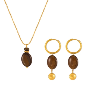 18k gold plated stainless steel jewelry set with oval tiger eye stones and lucky charms