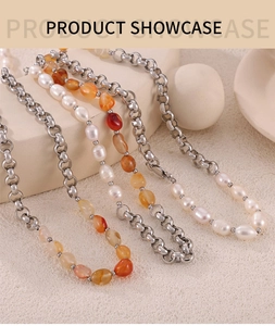 Detailed view of natural stone and pearl necklaces with 18k gold-plated steel chains