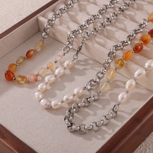 Titanium Steel Spliced Necklace With Natural Stone And Freshwater Pearl Vintage Bohemian O-Chain Necklaces For Women Fashion Jewelry