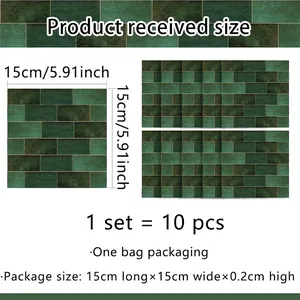 Detailed size specifications for vintage green tile stickers, set of 10 pieces 15x15cm