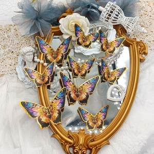 3D metallic blue and gold butterfly wall stickers set on vintage mirror with pearls