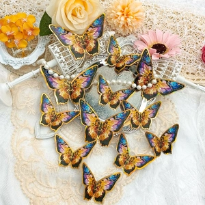 3D blue and gold butterfly wall stickers with translucent gradient wings on lace decor