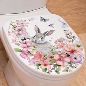 Cartoon rabbit and pink flowers waterproof wall sticker for bathroom toilet lid decoration