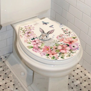 Cute bunny and pink floral waterproof wall sticker for bathroom toilet lid decoration