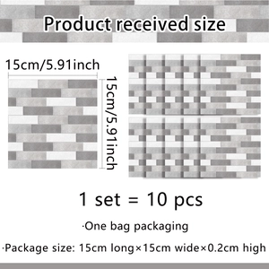 Set of 10 gray and white 3D self-adhesive tile stickers for kitchen backsplash wall decor