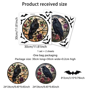 Halloween crow and purple rose window stickers with bats and stained glass floral design