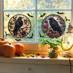 Halloween raven stained glass window clings with rose floral patterns and bat stickers