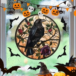 Gothic stained glass window cling with black raven and colorful roses for Halloween decor
