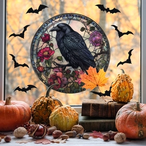 Gothic raven and floral stained glass window cling with autumn pumpkin decor