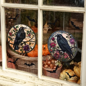 Halloween Window Clings Gothic Stained Glass Crow Rose Pattern Double Sided Static Cling PVC Decals For Holiday Home Decor