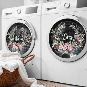 Blumenkranz Waschraum Wandaufkleber Wash Und Dry Aufkleber Für Waschmaschine Trockner Glastür Heimdeko PVC Wandbild