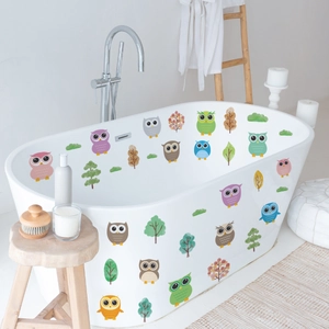 Bunte Cartoon-Eule und Waldbaum wasserdichte Wandaufkleber für Badezimmer Dekoration
