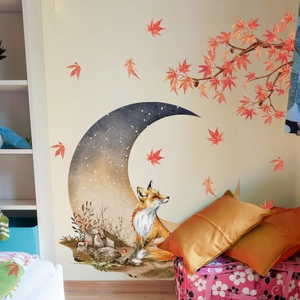 Self-adhesive wall stickers with watercolor fox, crescent moon, and maple tree for home decor