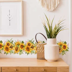 Creative sunflower wall sticker with green leaves and butterflies on living room white wall