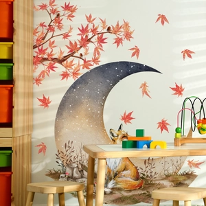 Starry moon and red fox wall stickers with maple leaves for kids room decoration