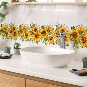 Detailed scene of sunflower wall decals applied to marble tiles in a modern bathroom