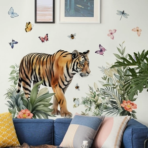 Realistic watercolor tiger wall decal with colorful butterflies and tropical floral leaves