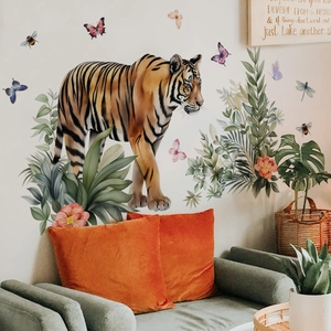Tiger Tropical Leaves Flowers Butterflies PVC Wall Stickers Living Room Bedroom Kids Room Watercolor Art Mural Decor