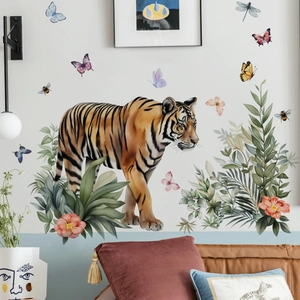Watercolor tiger wall stickers with tropical green leaves and butterflies for home decor