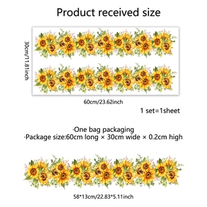 Self-adhesive sunflower wall stickers for home decor with detailed size measurements
