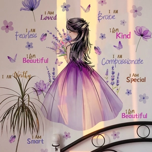 Girl in purple dress wall decal with lavender and butterflies in a cozy bedroom setting
