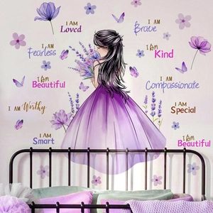 Girl holding flowers wall stickers with butterflies and inspirational quotes for bedroom