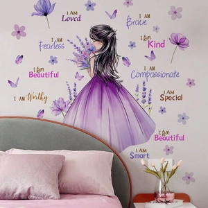 Self-adhesive girl silhouette wall sticker with purple lavender flowers and butterflies