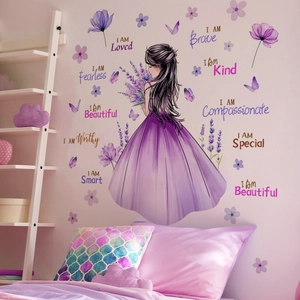 Girl holding flowers and purple butterfly wall decals with positive affirmations for rooms