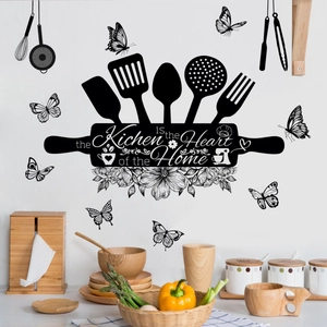Minimalist black kitchen wall sticker with heart of the home quote and butterfly decor