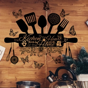 Minimalist black PVC kitchen wall sticker with the heart of the home quote and cutlery