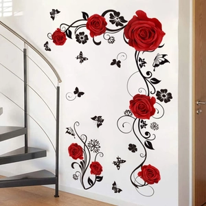Self-adhesive red rose and black vine wall stickers with butterflies for living room decor