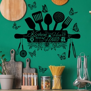 Detail of black kitchen wall decal with kitchenware icons and butterfly design