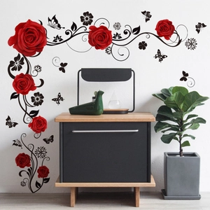 Red Rose Flower Vine Butterfly Wall Sticker PVC Self Adhesive Removable Home Art Mural Decor For Living Room Bedroom Background