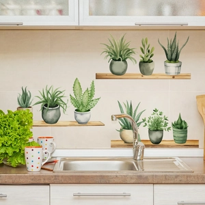Watercolor potted plants wall sticker with cactus and aloe vera for home kitchen decor