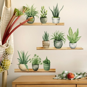 Watercolor succulent potted plant wall decals on wooden shelves for home decoration