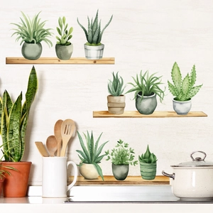 Watercolor Potted Green Plants Wall Stickers PVC Self-Adhesive Succulent Cactus On Faux Wood Shelves Decals Home Decor