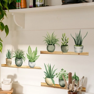 Realistic potted green plant wall stickers with 3D wooden shelf effect for home decor