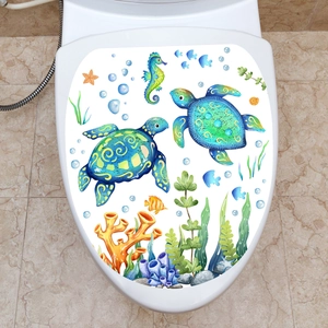 Sea turtle and ocean life waterproof PVC bathroom wall sticker on toilet cover