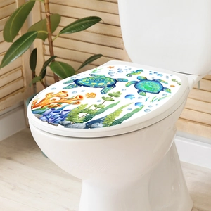 Vibrant sea turtle and coral ocean theme waterproof PVC sticker on white toilet lid