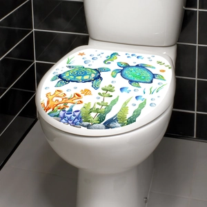 Sea Turtle Seaweed Toilet Lid Sticker Waterproof PVC Bathroom Decoration Wall Decal Watercolor Underwater Theme