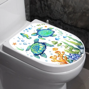 Detail view of turtle and seahorse ocean theme waterproof wall stickers on toilet lid